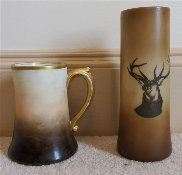 Brown and White Mug with Gold Trim by J.P. L. France  and Vase with Stag Head - Measuring 8 1/4" Tall 