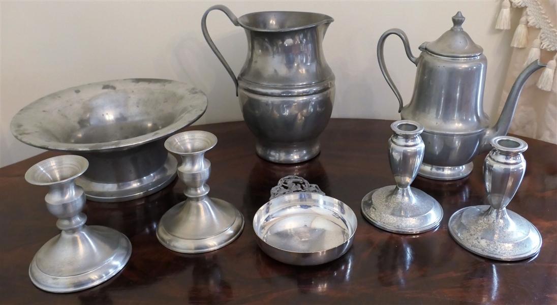 8 Pieces of Pewter including Napier Porringer, Leonard and Reed & Barton Candle Sticks, and Royal Bowl 
