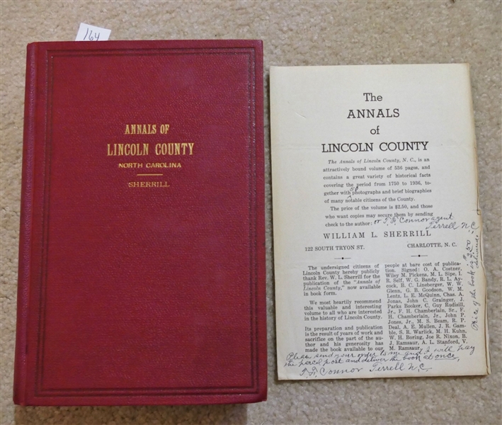 Annals of Lincoln County North Carolina By William L. Sherrill - A Minister of the Methodist Episcopal Church, South - Charlotte, NC 1937 - Hardcover Book - with Information Notice Regarding the...
