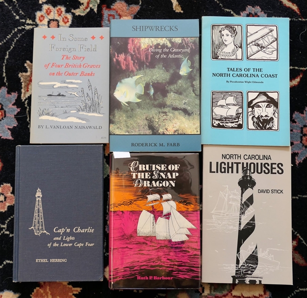 6 Books including - "Cruise of the Snap Dragon" by Ruth P. Barbour - First Edition Hardcover with Dust Jacket, "In Some Foreign Field - The Story of Four British Graves on The Outer Banks"...