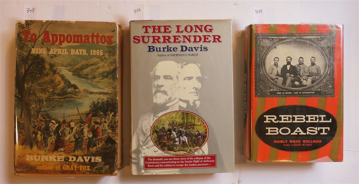 To Appomattox Nine April Days, 1865 by Burke Davis - First Edition Hardcover Book with Dust Jacket, "The Long Surrender" by Burke Davis Hard Cover First Edition With Dust Jacket, and "Rebel...