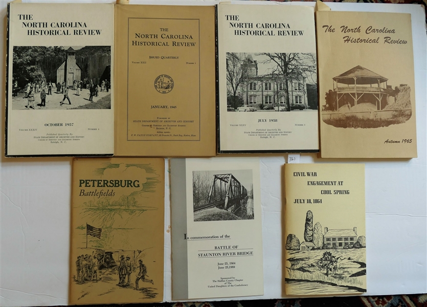 7 Paperbound Books and Booklets including "Civil War Engagement At Cool Spring" "Battle of Staunton River Bridge" "Petersburg Battlefields" "The North Carolina Historical Review - 1958" "The North...
