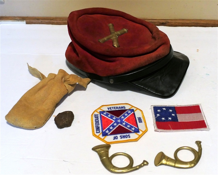 Civil Reenactment Hat, Patches, and Pins - Also Small Rock Specimen in Leather Pouch