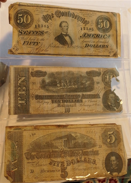 6 Confederate Notes including Richmond 50 Dollars, Richmond 10 Dollars, Richmond 5 Dollars, Richmond 1864 50 Dollars, The County of Augusta - 25 Cents, and Richmond, VA - 1864 20 Dollars