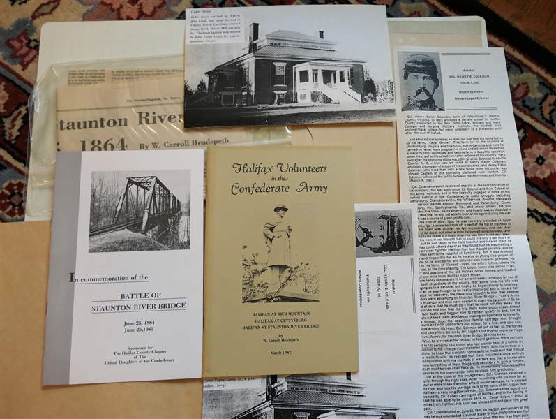 Information Pertaining to The Battle of Staunton River Bridge - Clover, VA including "Halifax Volunteers in the Confederate Army" by W. Carroll Headspeth March 1982 - Author Signed, "In...