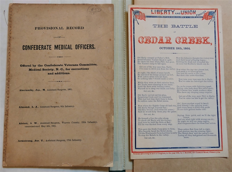 "Provisional Medical Record of Confederate Medical Officers - Offered by the Confederate Veterans Committee Medical Society, N.C. for Corrections and Additions - Paper Booklet and "The Battle of...