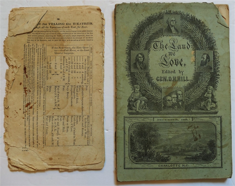 "The Land We Love" Edited by Gen. D.H. Hill - December 1868 - Charlotte, NC Paperbound Booklet and Pages from 1845 Almanac