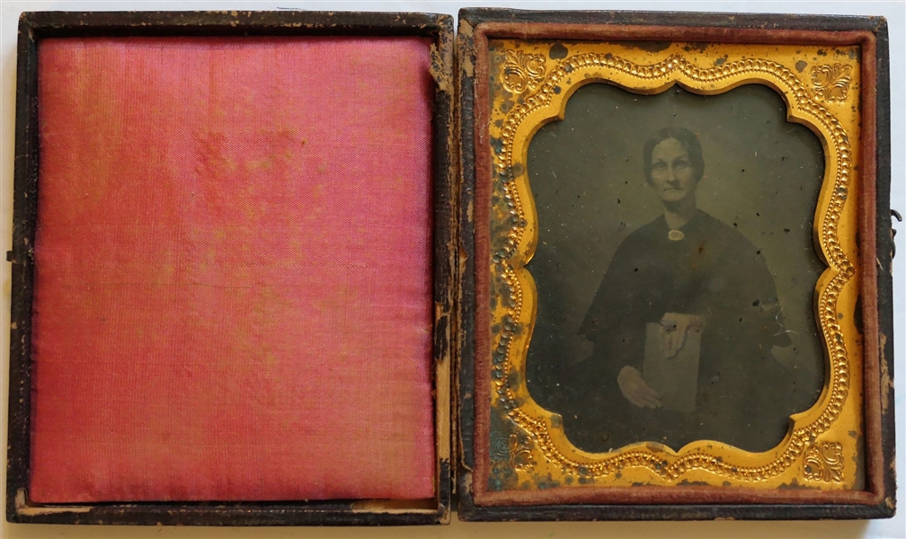 Tin Type Photograph of Elderly Woman In Leather Wrapped Case - Has Separated at Hinge - Case Measures 3 1/2" by 3" 