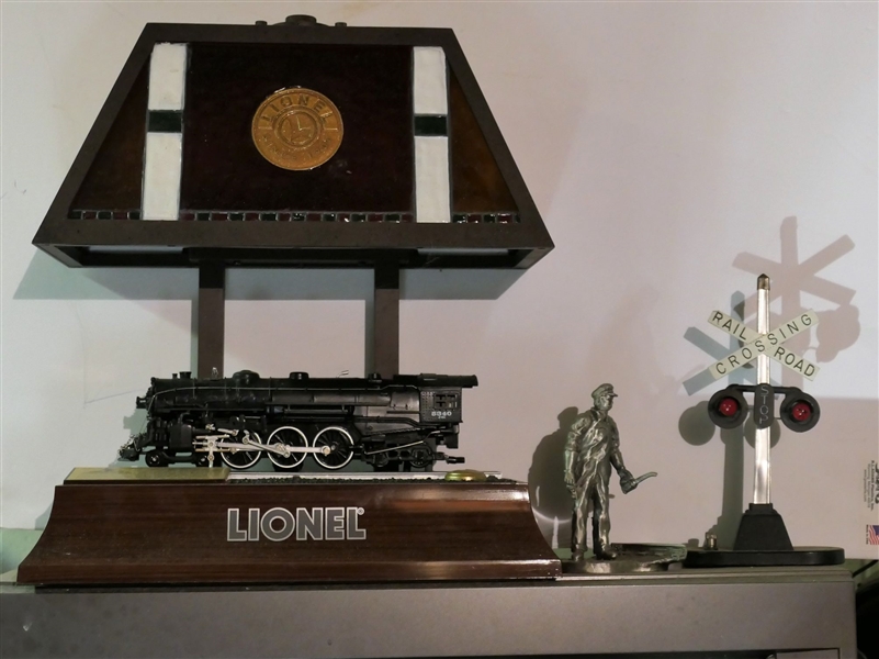 Lionel Train Lamp, Lionel Railroad Crossing, and Corden Pewter Railroad Man Figure - Lamp Measures 13" tall 12" by 5 1/2" 
