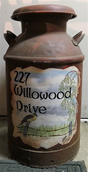 Nice Milk Can with Hand Painted Bird and Fence Scene and  Address - Can Measures 24" Tall 