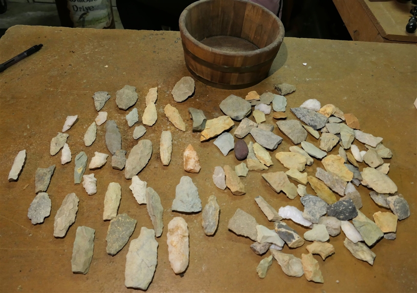 Native American Artifact Lot including Arrowheads, Points, and Some Fragments - All in Wood Bowl with Brass Bands - Bowl Measures 3 1/2" by 8"