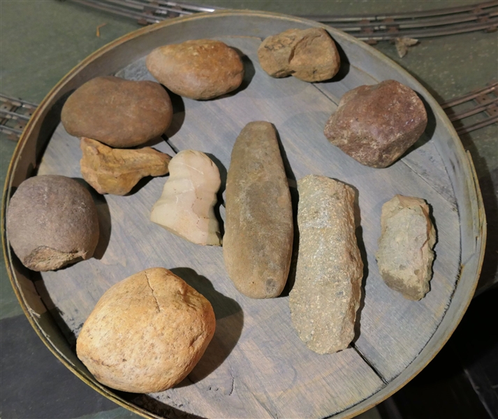 Lot of Larger Native American Artifacts and Fragments - Scraper, Tomahawk, Stones - Center Axe Measures  6 1/2" Long