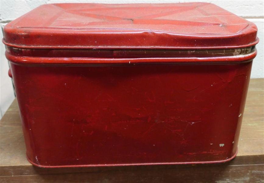 Red Painted Metal Lunchbox with Steel Wool, Brasso, and New Tubes of Simichrome Polish