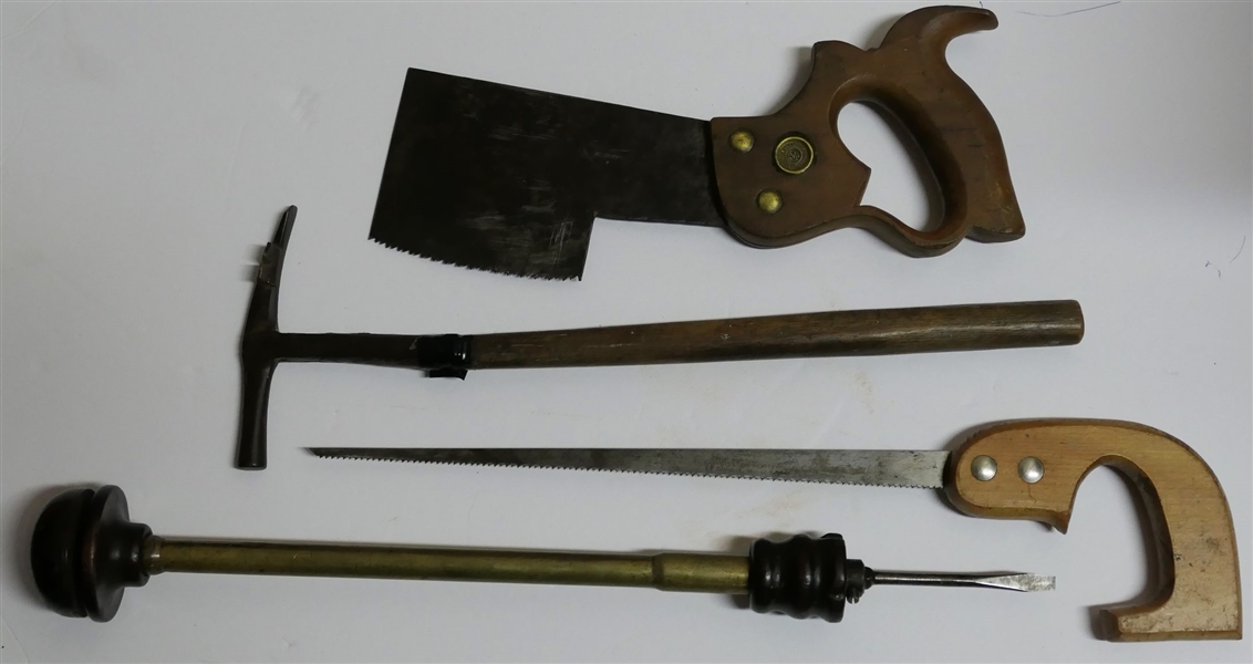 Antique Tool Lot including 1882 Dated Brass Screwdriver Tool, Disston Philadelphia Unusual Saw, Disston Porter Danville, VA Saw, and Unusual Hammer with Broken Handle - Screwdriver Measures 18" Long