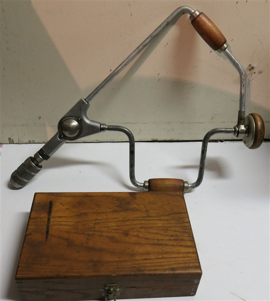 Irwin Auger Bit Company Wilmington, Ohio - Large 10 Bit Set in Oak Case and Miller Falls 502B Hand Drill 