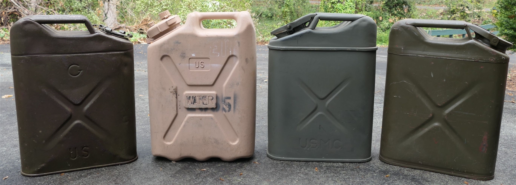 4 US Military Cans - 1 Plastic Water, USMC Water, Monarch, and US Gas Can