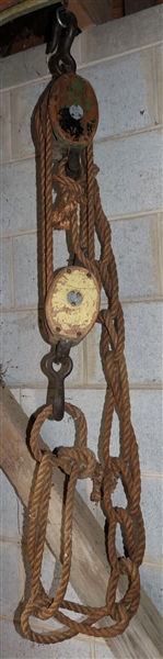 Two Fold Purchase Block and Tackle -  Boston and Lockport Block Company - Each Block Measures 6" - One Green Painted One Yellow