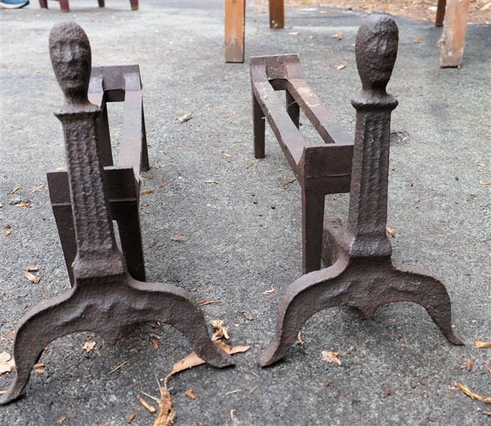Pair of Early Iron Andirons with Faces and Pair of 16in Iron Fire Irons 