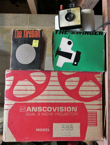 Anscovision Model 588 Film Projector, "The Fireball"  Super 8 Movie Light, and "The Swinger" Camera - All in Original Boxes