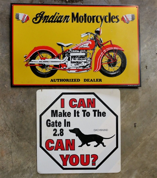 Modern Indian Motorcycles - Metal Sign and Plastic Dachshund Sign - Indian Measures 11" by 17"
