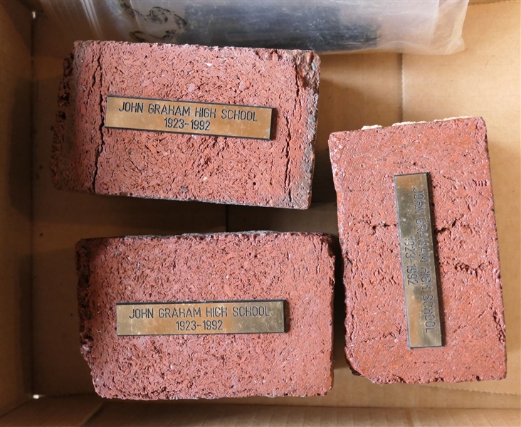 3 Brick Pieces from "John Graham High School" 1923 -1992 - Each Has Tag Plus Framed Photograph 4" by 6"  of John Graham High School Taken by Phyllis H. King