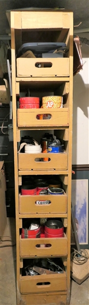 Homemade Wood Storage Shelf with Pull Out Drawers Made From Wood Coke Crates - Drawers Slide Very Smoothly - Each Drawer is Full of Assorted Hardware, Pulleys, Bolts, Hinges, Wheels, Handles, Etc....
