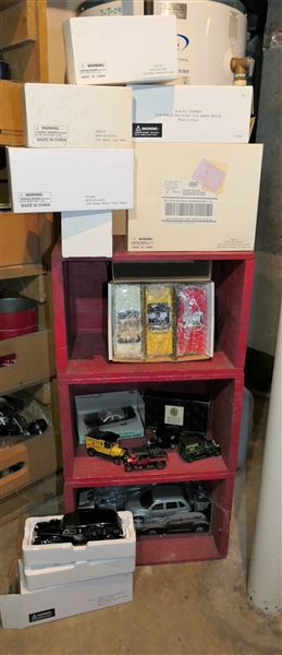 17 Model Cars - Most New in Original Boxes and Red Painted Shelf Crafted From Wooden Remington Crates - Shelf Measures 28" tall 14 1/2" by 9" 