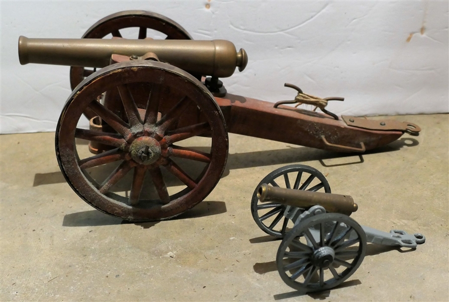 Brass Cannon Replica on Wood Stand - Cannon Measures 7" Long and Other Smaller Cannon