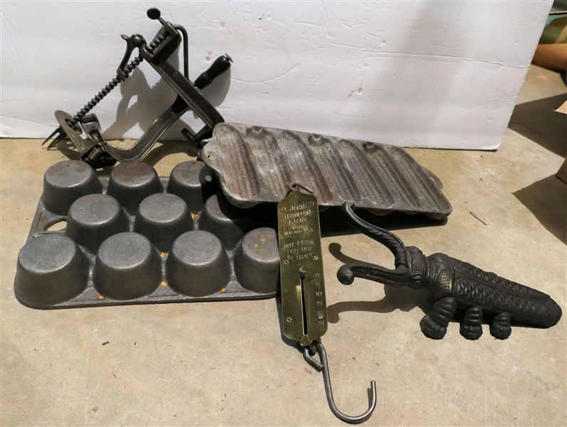 Cast Iron Muffin Pan, Wagner Cast Iron Corn Stick Pan, John Chatillion & Sons Brass Front Scales, Insect Boot Jack, and Little Star Apple Peeler