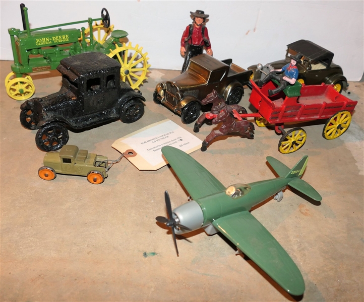 Group of Toys and Cars including 30th Anniversary John Deere, Hubley Car, Cast Iron Amish Man, and Tootsie Toy - Refurbished by Bill Alston 