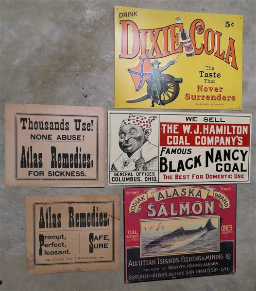 3 Modern Metal Signs - Dixie Cola, Black Nancy Coal, and Alaska Brand Salmon - Also including 2 Atlas Paper Signs -Black Nancy Measures 9" by 18 1/2" 