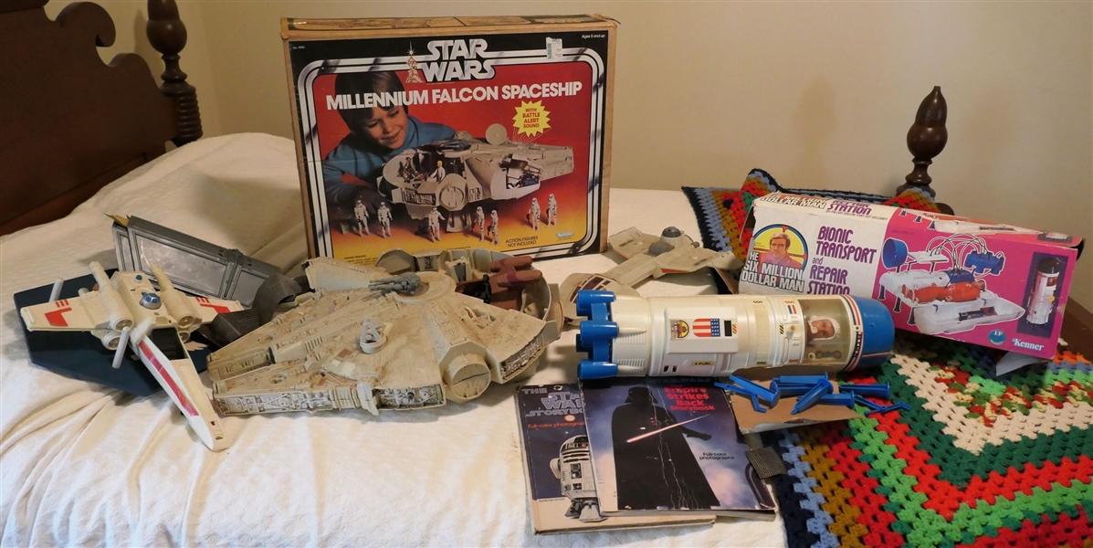 Star Wars Millennium Falcon Spaceship with Original Box, Six Million Dollar Man Bionic Transport and Repair Station with Box, Star Wars Books, and Other Toys 