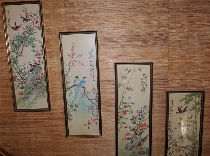 4 Framed Asian Prints - Birds and Flowers - Each Frame Measures 39 1/2" by 14" 