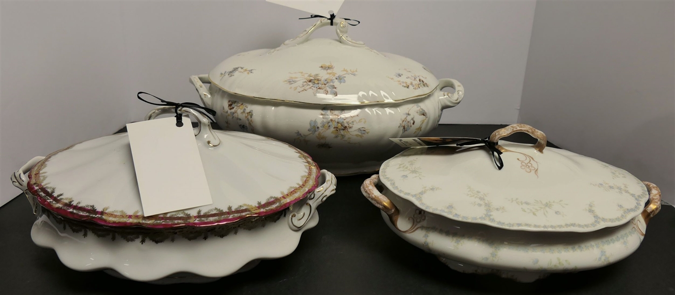 3 Oval Covered Dishes - Austria with Burgundy and Gold Trim, Syracuse China with Light Blue Flowers, and Lamberton with Blue Flowers - Measuring 13" Across