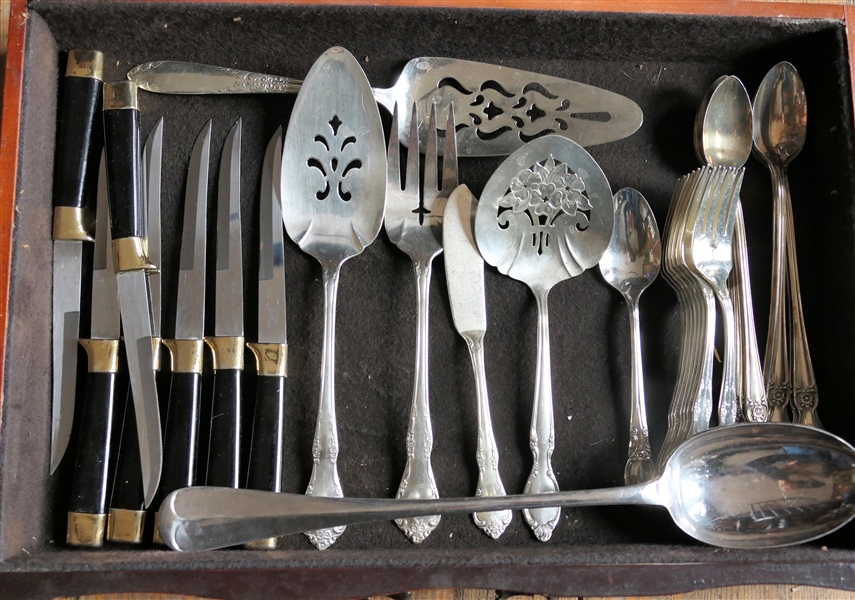 Mixed Lot of Silverplate Flatware including Oneida Forks, Iced Tea Spoons, and Serving Pieces, Also includes Sheffield England Steak Knives and Large Serving Spoon