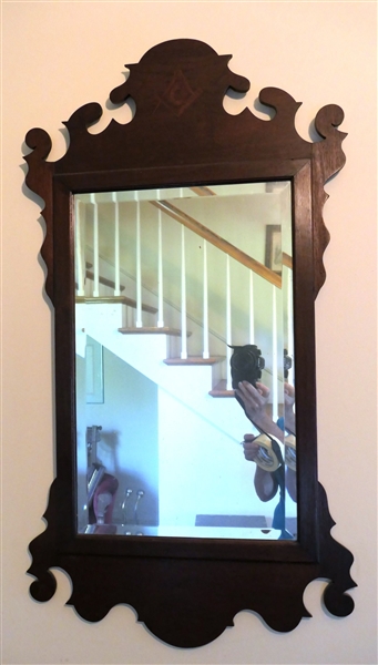Walnut Chippendale Beveled Mirror with Inlaid Masonic Symbol - Mirror Measures 37 1/2" by 20"