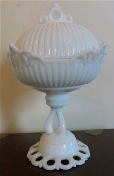 Nice Milk Glass Preserve Stand - Ribbed Lid and Details - Measures 9" Tall 7" Across