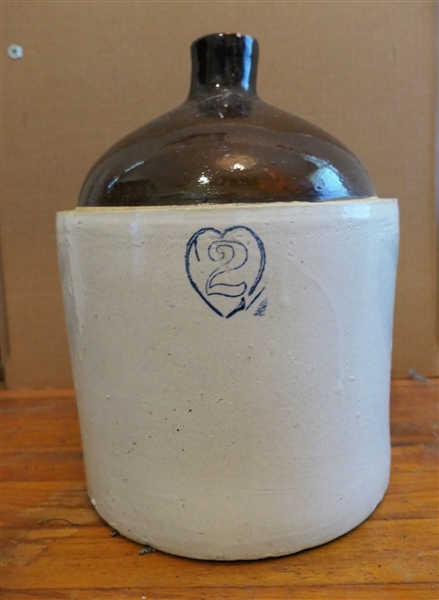 2 Gallon Brown and White Stone Jug - Heart Stamped - Measures 13" tall 