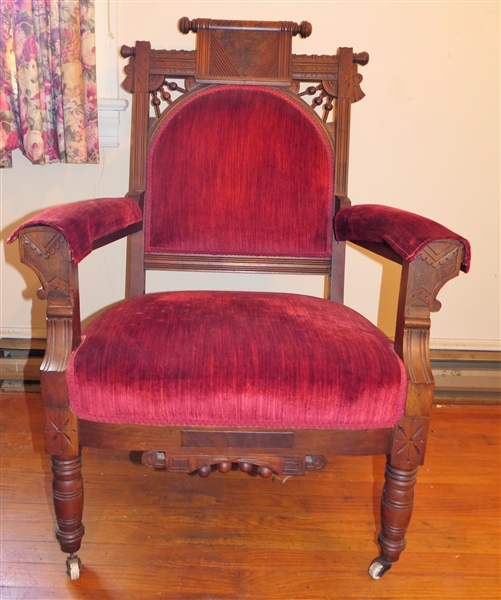 Walnut Victorian East Lake Parlor Chair - Burgundy Velvet Upholstery -Porcelain Castors - Measures 40" tall 28" by 23"