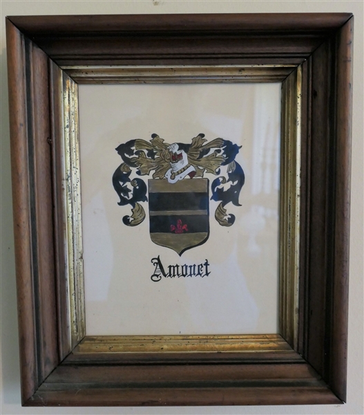 "Amonet" Hand Drawn Coat of Arms in Walnut Shadowbox Frame - Frame Measures 13 1/2" by 11 1/2" 