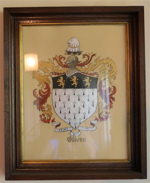 "Oliver" Hand Drawn Coat of Arms in Walnut Shadowbox Frame - Frame Measures 17" by 14"