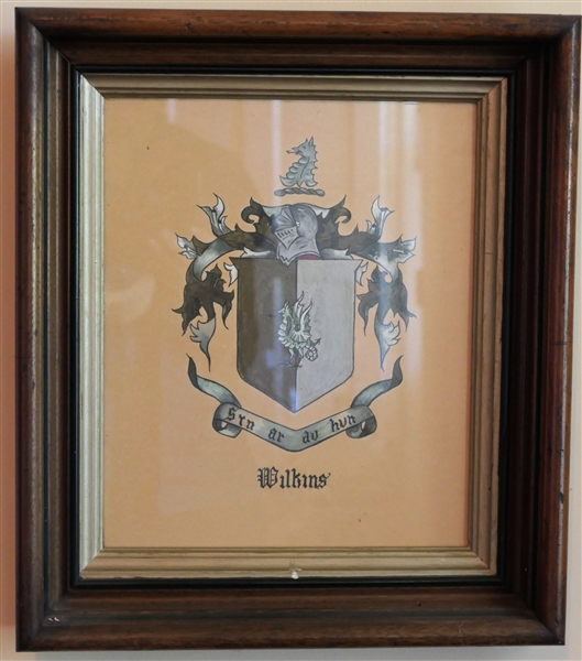 "Wilkins" Hand Drawn Coat of Arms in Walnut Shadow Box Frame - Frame Measures 16" by 14"