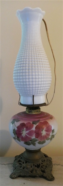 Hand Painted Oil Lamp with Metal Base - Quilted Milk Glass Chimney - Has Been Electrified - Measures 18 1/2" Tall 