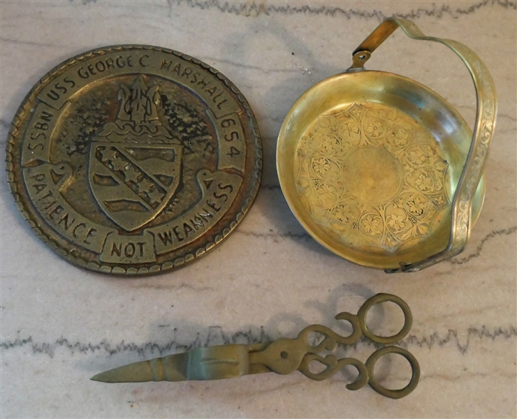 Heavy Brass Plaque "USS George C. Marshall GS4", Brass Candle Snuff, and Asian Brass Basket - Plaque Measures 5 1/2" Across