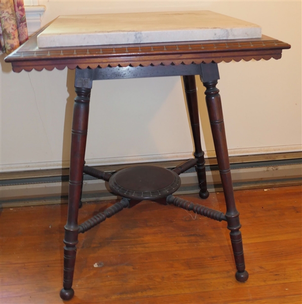 Walnut Victorian East Lake Marble Top Table - Thick Marble Top - Gingerbread Trim  - Table Measures 31" tall 27" by 27" 