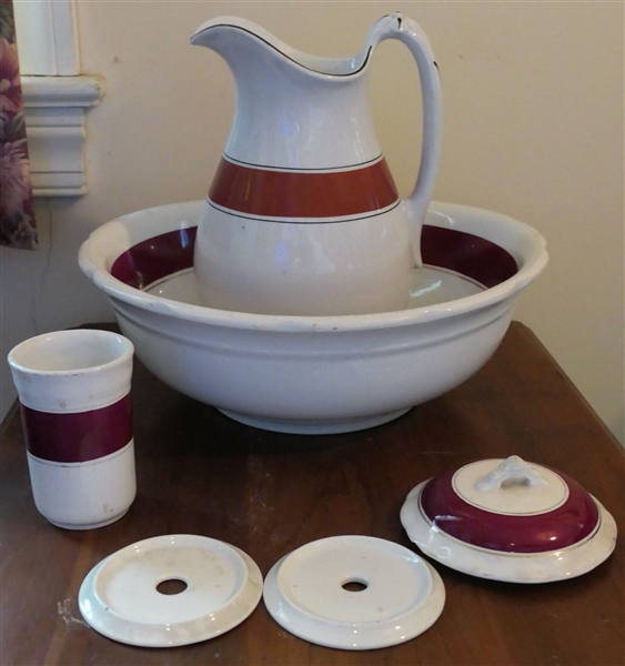 White Ironstone with Red Band - Washbowl, Pitcher, Cup, and Lids
