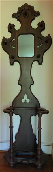 Nice Walnut Hall Tree with Mirror - Cast Iron Tray At Bottom - Great Size - Measures 81" Tall 26" by 13" 