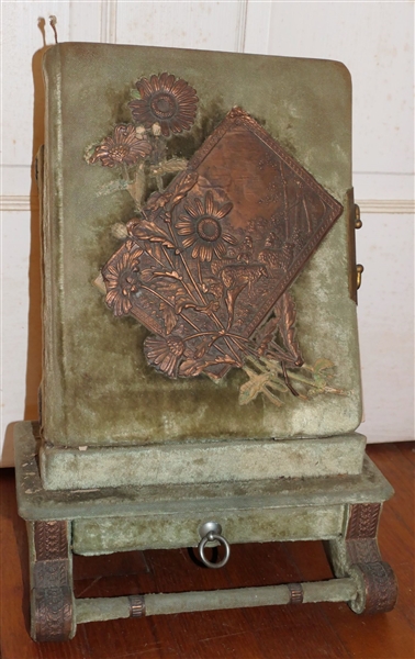 Green Velvet Victorian Photo Album on Attached Stand with Drawer Full of CDV and Tin Type Photos -Cover Features Daisy Flowers and Sheep -  Needs Re-Backing  - Many Photos including Soldiers,...