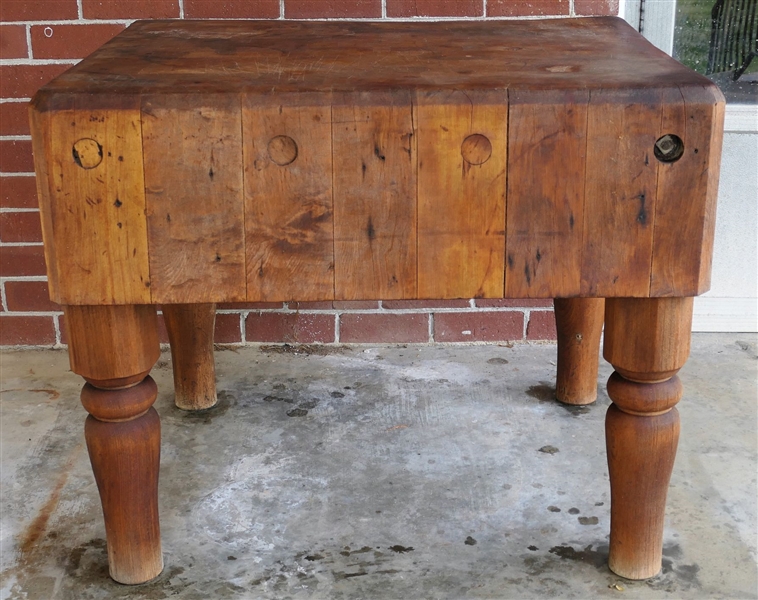 Large Antique Butcher/ Chop Block Table -Measures 29" tall 35" by 30" - Block Measures 11 1/2" Thick 