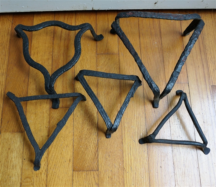 5 Triangular Cast Iron Trivets - Blacksmith Shop Made - Largest Measures 3 1/2" Tall 9" Long on Longest Side